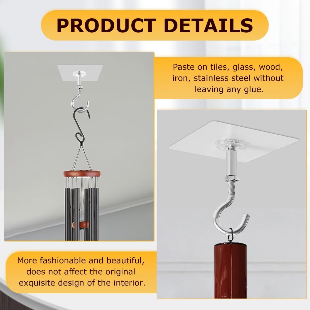 4 Pack Adhesive Ceiling Hooks, 30lbs Heavy Duty Ceiling Hooks for Hanging Plants, No Drilling Wall Hook Sticky Hanger for Hanging Lights, Wind Chimes, Lantern