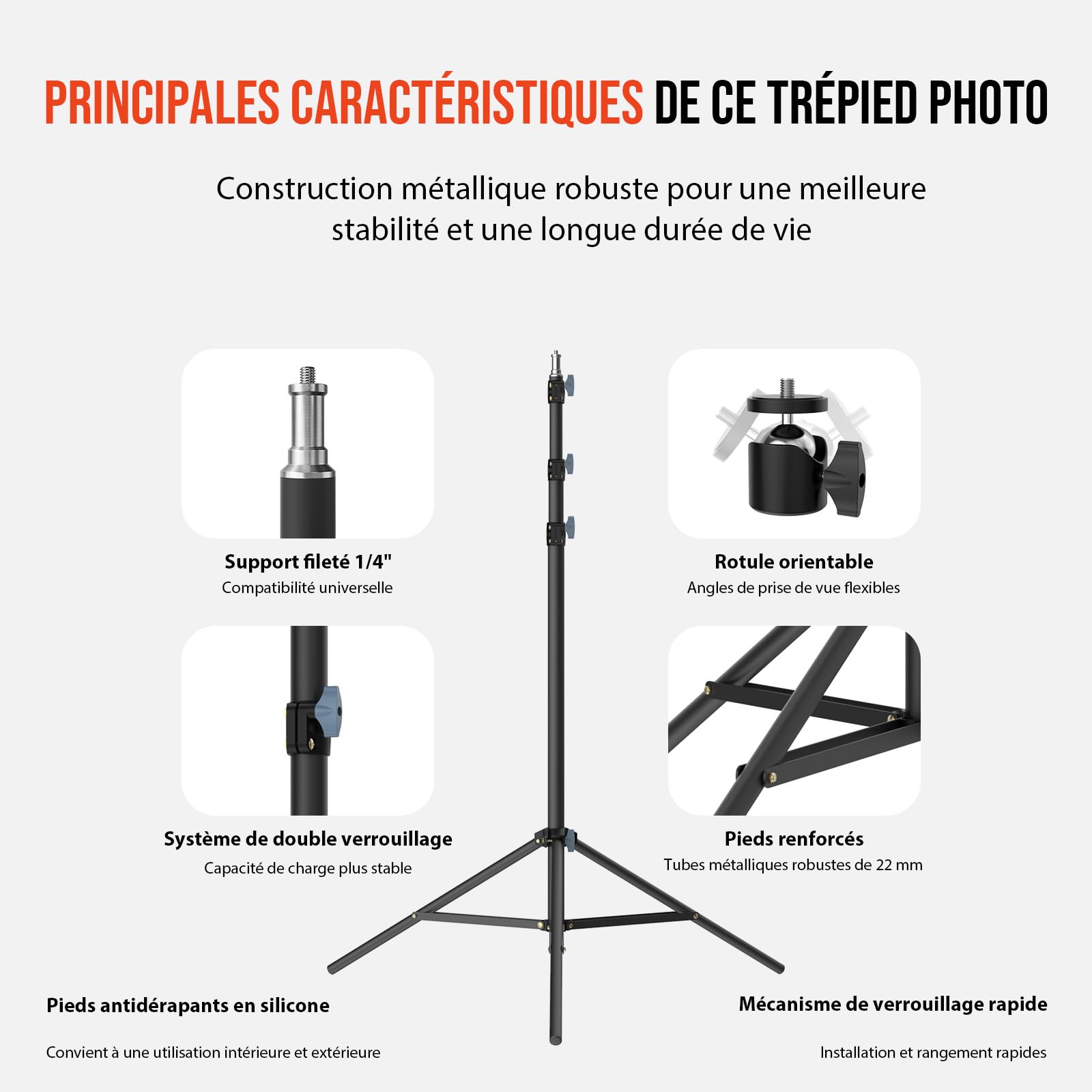 Trépied Lumineux pour Photographie, 118 Pouces / 10 Pieds / 300 cm : Statut de Studio Haute Qualité – Trépied Lourd pour Photo & Vidéo – Inclut Une Vis 1/4" pour Anneau Lumineux, Réflecteurs, Softbox