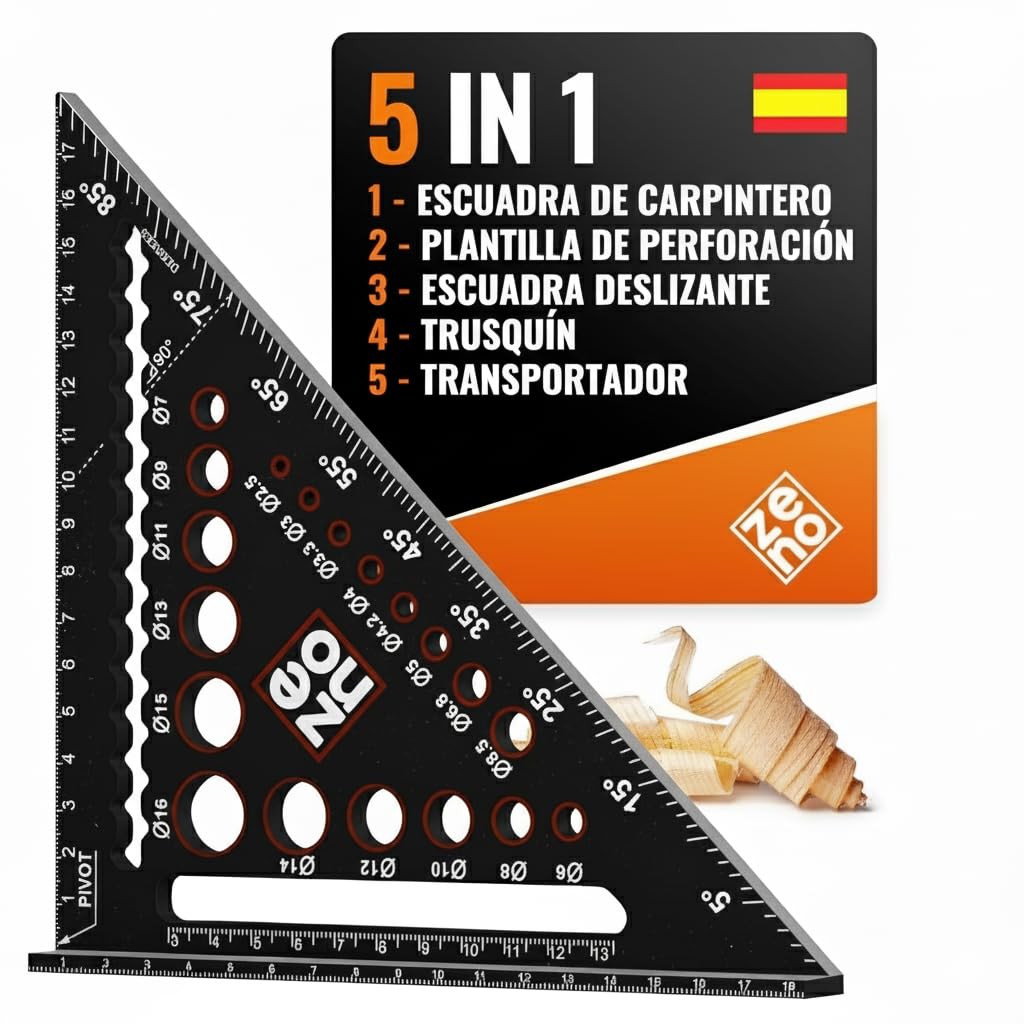 ZENO Escuadra Carpintero 180 mm - Escuadras Metalicas Carpintero Todo en Uno: Transportador de Ángulos, Regla, Gramil, Plantilla de Perforación