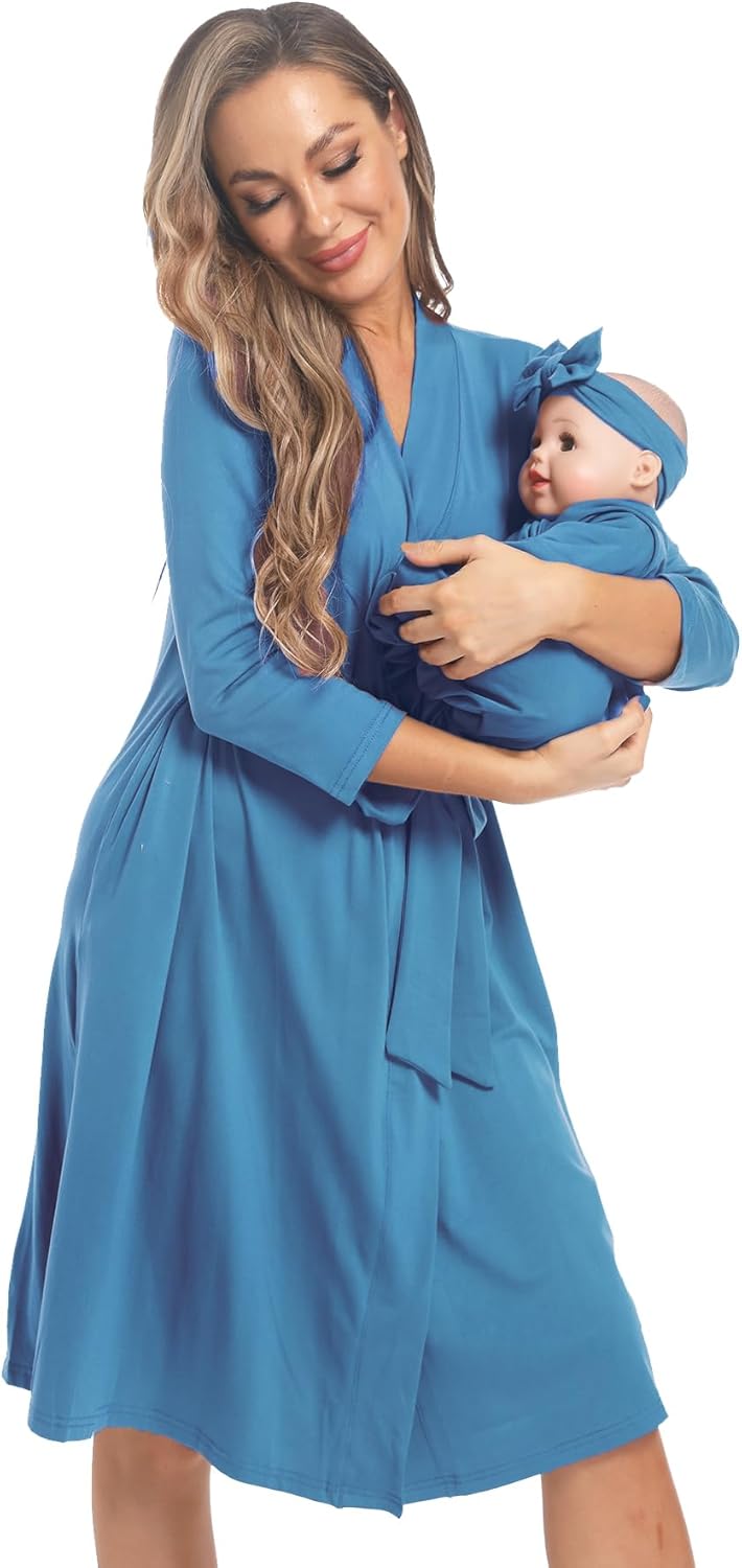 Maternity Robe with Matching Swaddle Set Soft Maternity Gown Long Sleeves Mommy Robe Receiving Blanket Set - Image 3