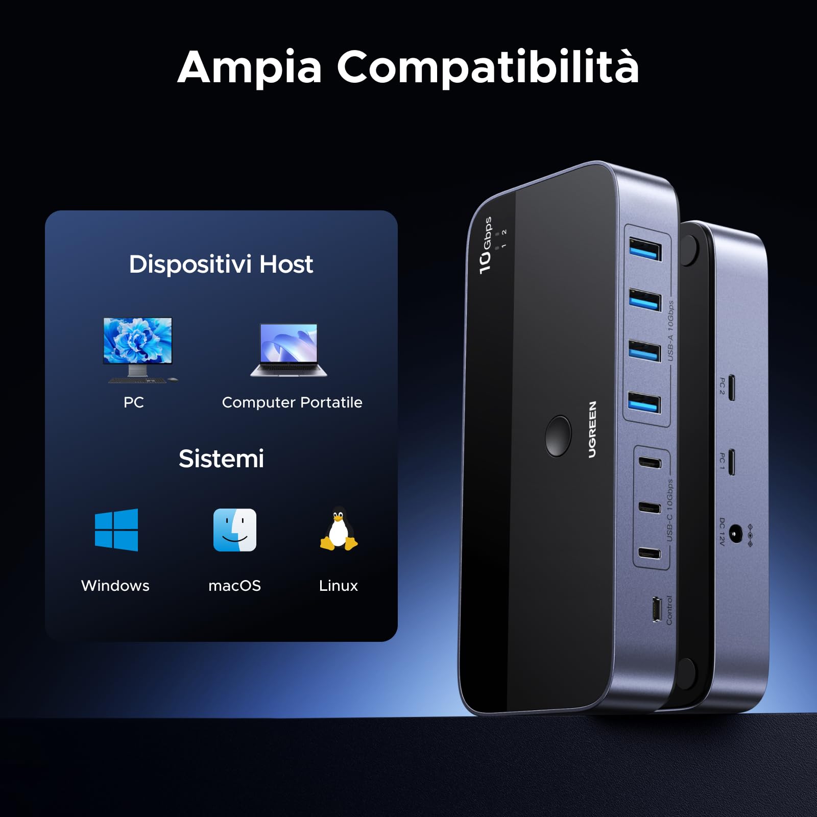 UGREEN Switch USB C 3.2 10 Gbps 2 in 7 Out Commutatore KVM | Condividono 7 USB, 4A3C, per Tastiera, Mouse, Disco Rigido, Stampante, Scanner, Microfono, con Alimentatore DC 12 V