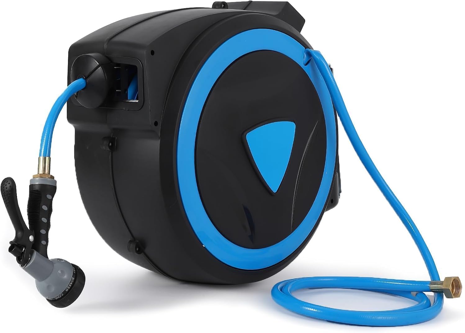 Retractable Garden Hose Reel With Auto Rewind 180° Swivel Wall Mount Bracket, 9-Pattern Spray Nozzle & Length Lock, 5/8" x 65ft Heavy-Duty Hose (Slow Return System)