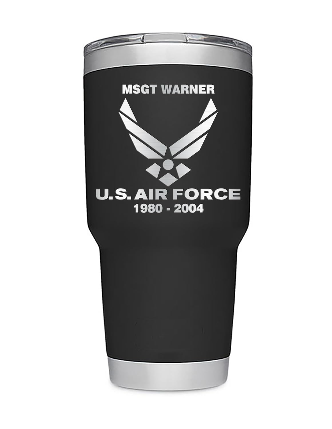 Personalized US AIR FORCE, USAF, Airman, Aviator, Pilot, Veteran Gift. Laser Engraved Tumblers, Straw Mugs with Handle, and Chug Bottles. Available in Black, White, and Navy colors