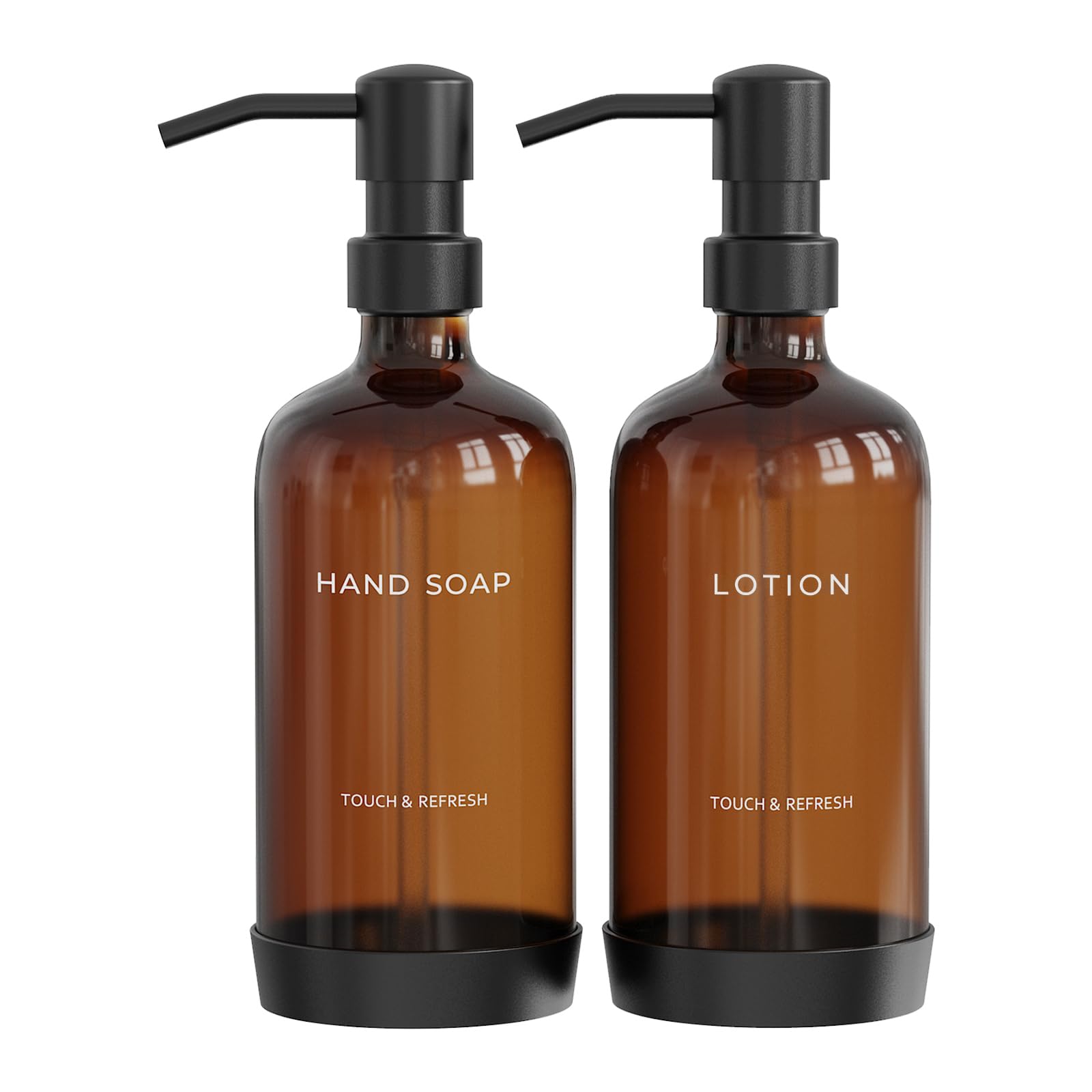 Soap Dispenser Bathroom - Hand Soap and Lotion Dispenser Set with Non-Slip Protective Silicone Pad, Modern Bathroom Decor & Accessories. (Amber)