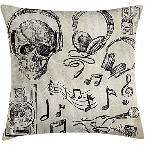 Preisvergleich Produktbild SSHELEY Musik Kissen Kissenbezug, skizzenhaften Hintergrund Hipster Schädel mit Kopfhörer Plattenspieler Mic Lautsprecher Print, quadratische Kissenbezug