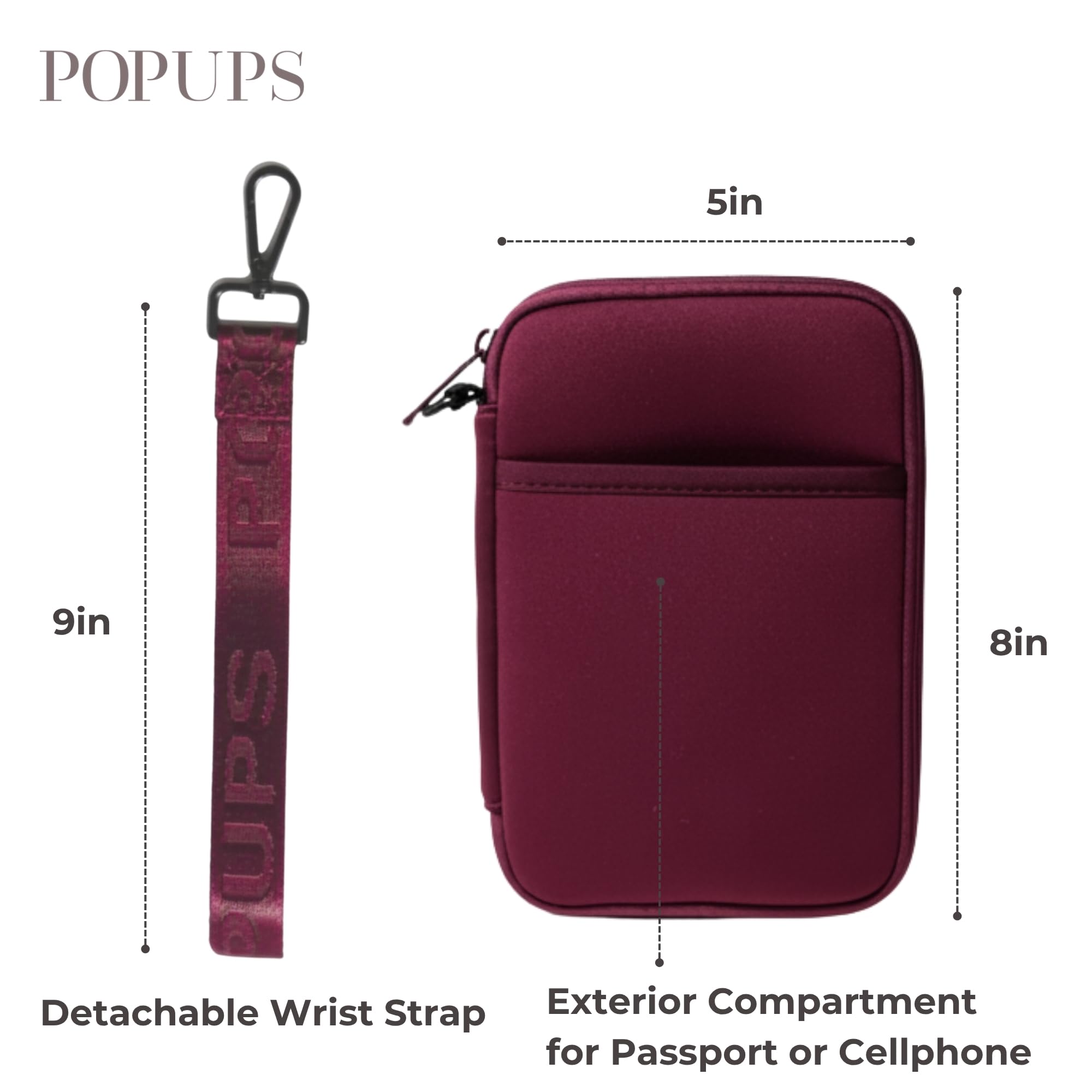 POPUPS Cartera de viaje para pasaporte para mujer, organizador de documentos grande y soporte con pulsera, Baya, Popups Brand Basic - Bolsa grande de neopreno