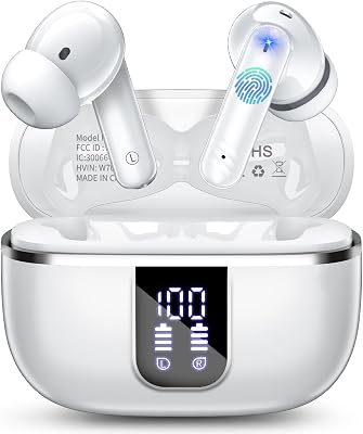 💎 75% MEGA DEAL! Wireless Earbuds, Bluetooth 5.4 Headphones with 4 Noise Cancelling Mic, 46H In-Ear Buds with 3D Bass Stereo Sound, Small Ears, LED Display, Calls Sports Workout, IPX7 Earphones for Android iOS. White