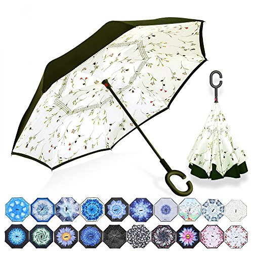NNY Inc Double Layer Inverted Umbrella Cars Reverse Open Folding Umbrellas, Windproof UV Protection Large Self Stand Upside Down Straight Umbrella for Golf Women and Men with C-Shaped (Begonia)