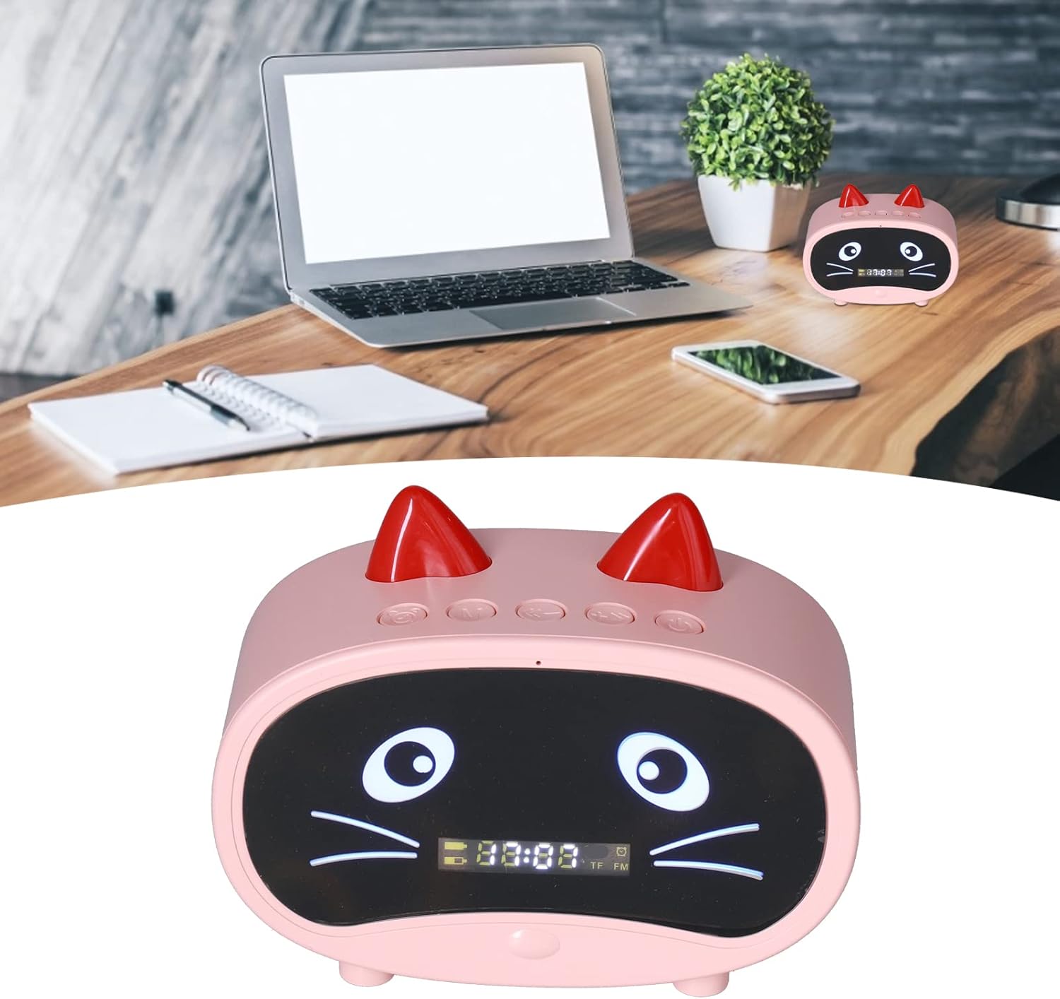Mini Cartoon Speaker with Dual Alarm Clocks, Multifunctional Cute Cat Ear Design for Bedroom Office Green/2257(Light Red)