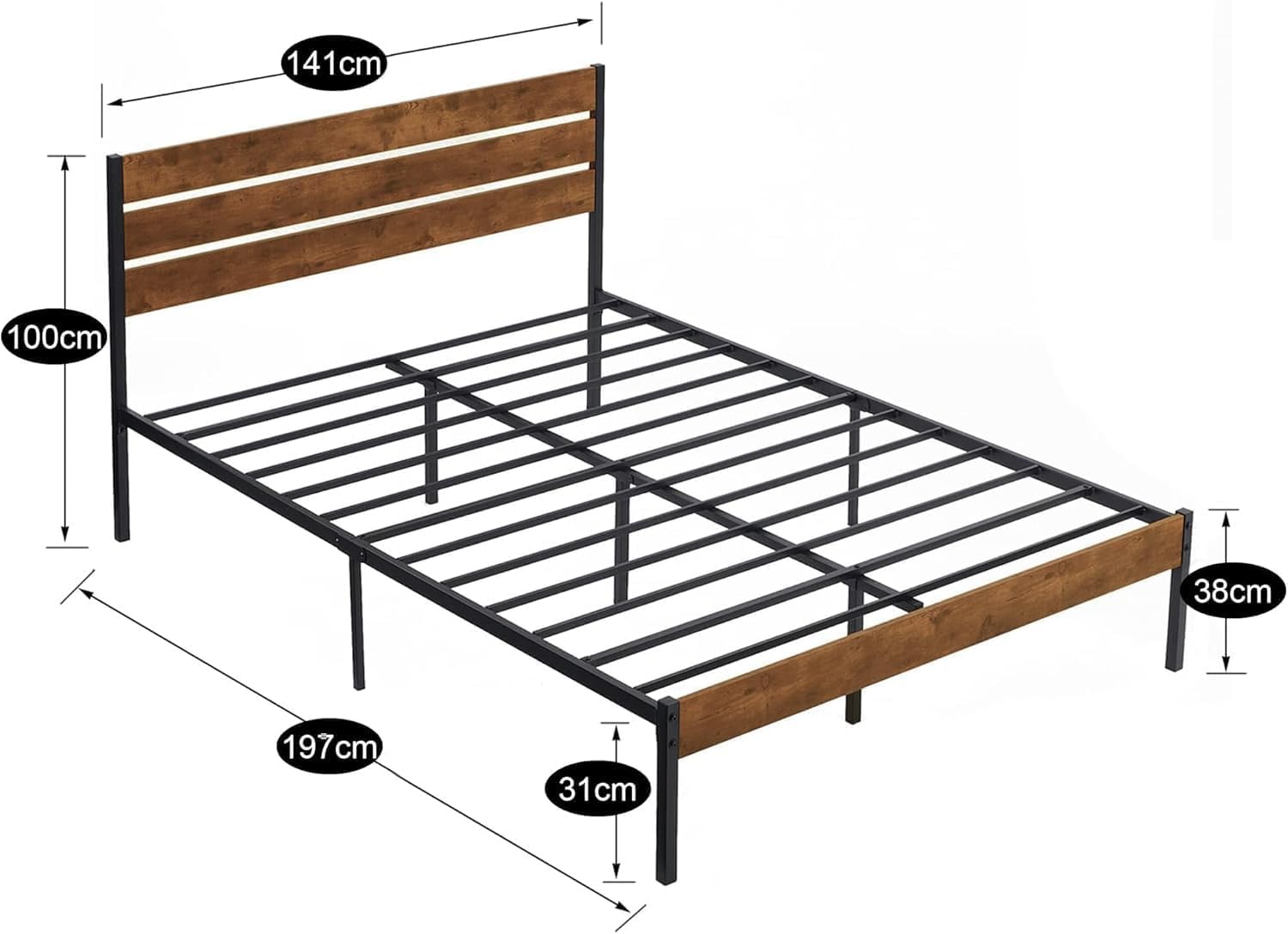 VECELO Bettgestell 140x200 cm aus Metall mit Lattenrost, stabiles Doppelbett mit Holzkopfteil, 320 kg Tragkraft, 31 cm Stauraum, einfache Montage, Industrial Style, Braun