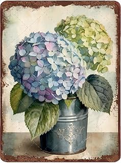 Vintage Hydrangea Metal Sign – 12x16 inch Blue Floral Wall Decor – Rustic Aluminum Plaque with Decorative Tin Vase – Farmhouse Cottage Gift for Mom, Garden & Kitchen