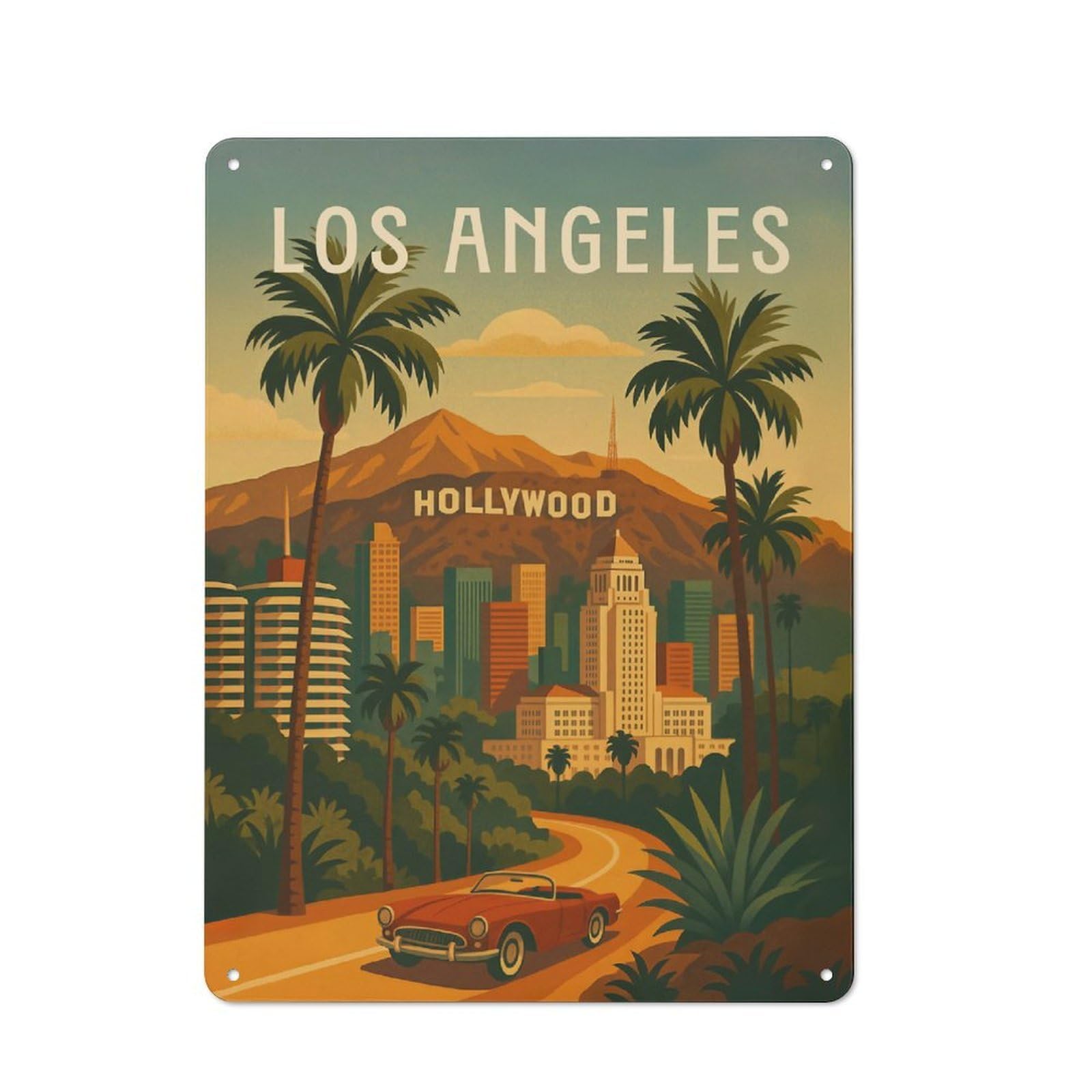 Nostalgic Los Angeles Travel Poster – Hollywood Hills & Sunset Skies Decorative Tin Sign 40x30cm, Vintage Wall Decor for Lounge, Study, Pub Or Wall Gallery