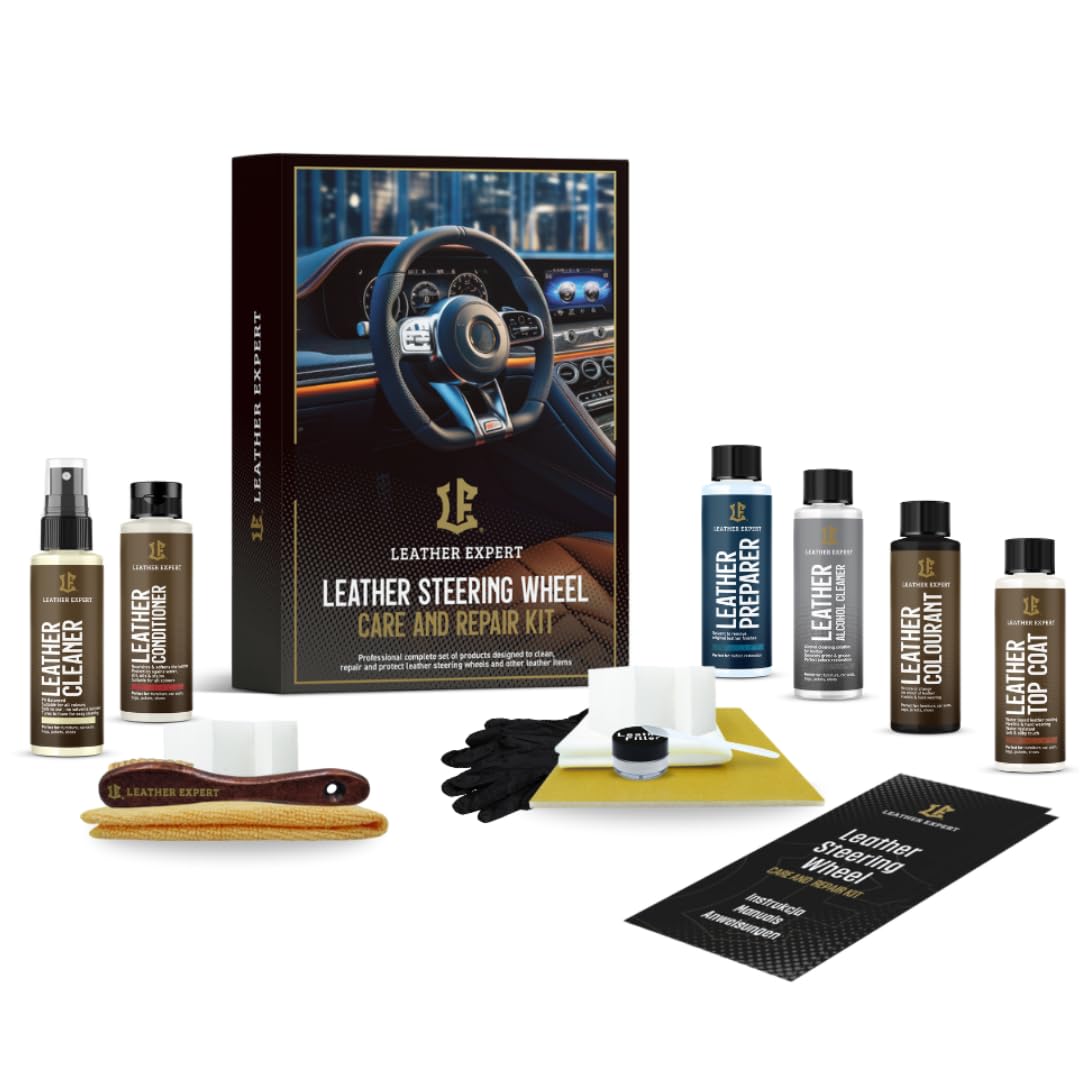 Kit de soin et réparation de volant en cuir expert noir - Restaurez le cuir endommagé du volant de voiture, siège de voiture, veste de canapé, rafraîchissez la couleur et entretenez le cuir