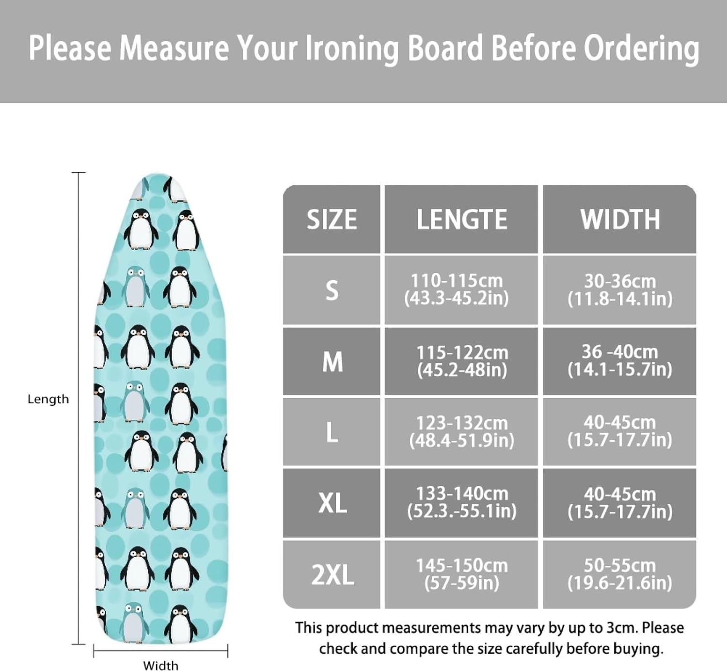 Iron Board Cover with Padding Standard Size Deep Blue Penguin Padded Ironing Board Covers 15x54 Heat Reflective Extra Thick Wide Non Stick Scorch and Stain Resistant Heatproof
