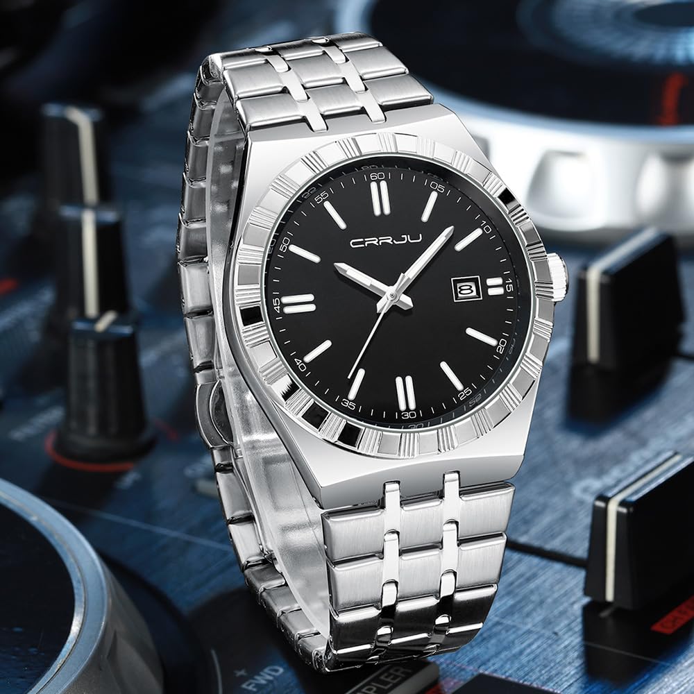 CRRJU Watches for Men,Fashion Luxury Luminous Analog Quartz Wristwatches,Business Man Calendar Watches Silver - 5