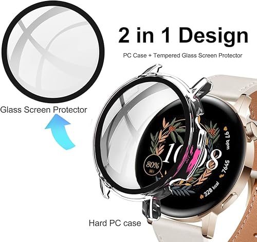 Miniatura 5 de Paquete de 2 Funda con protector de pantalla de vidrio templado compatible con Huawei Watch GT 3 de 1.654 pulgadas, dureza 9H de 360, funda