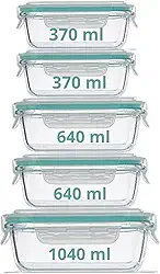 Conjunto de Potes Herméticos de Vidro com Tampa, 5 Peças, 370ml, 640ml, 1040ml, Verde