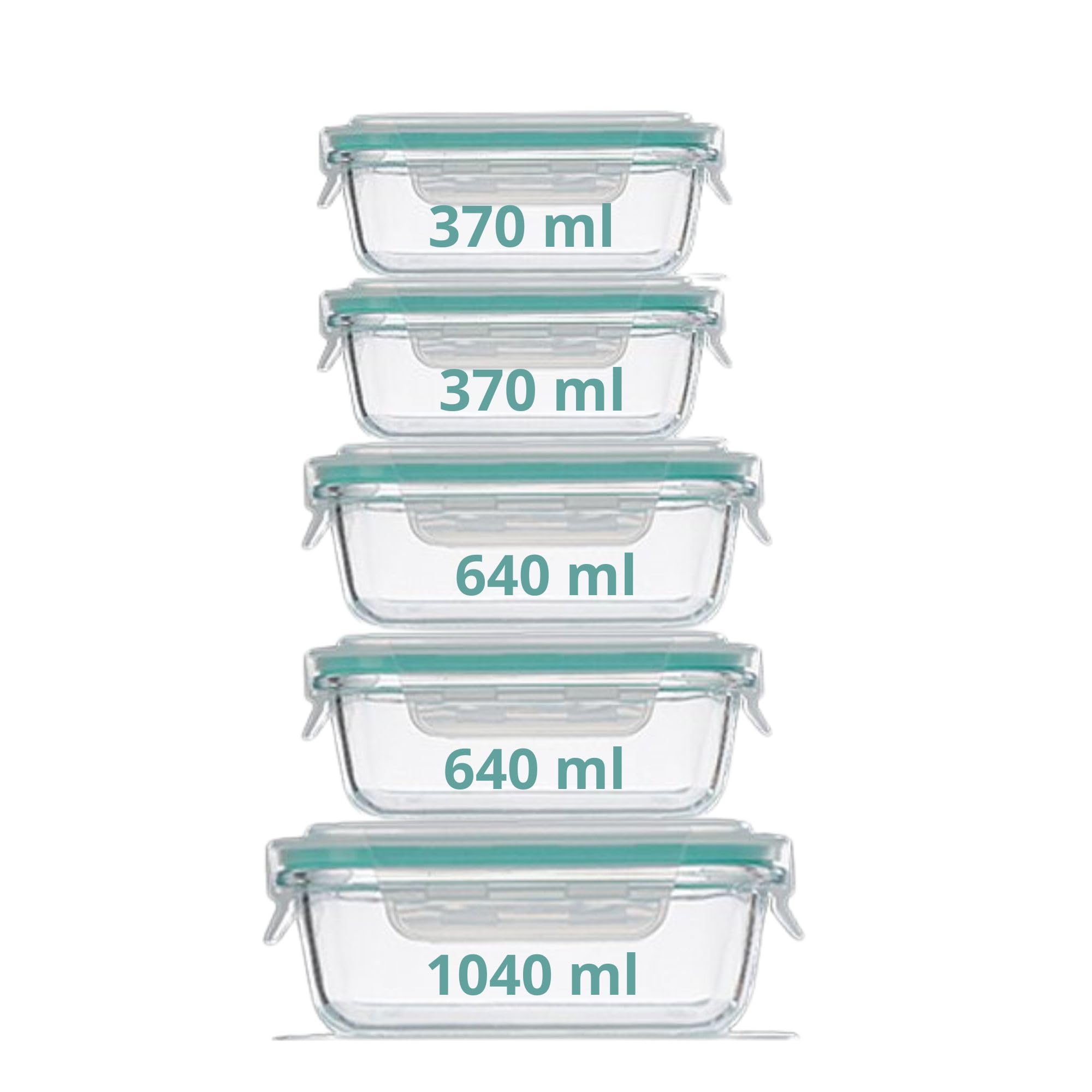 Conjunto de Potes Herméticos de Vidro com Tampa, 5 Peças, 370ml, 640ml, 1040ml, Verde
