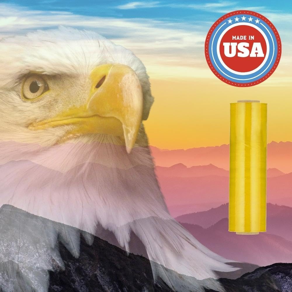 PSBM Tinted Yellow Stretch Wrap, 4 Rolls 18 Inch x 1500 Feet 47 Gauge Heavy Duty Plastic Wrap Industrial Strength Shrink Film for Moving, Packing & Shipping