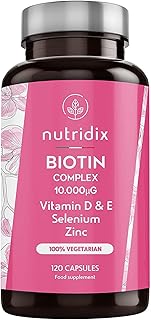 Biotyna 10 000 mcg na dawkę – wzrost włosów i pielęgnacja paznokci – biotyna z cynkiem, selenem, witaminami D i E – 120 kapsułek Nutridix