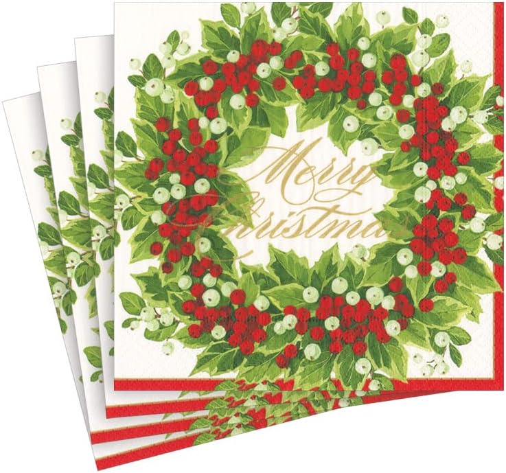 Holly and Berry Wreath Merry Christmas Paper Cocktail Napkins 20 Per Package 2