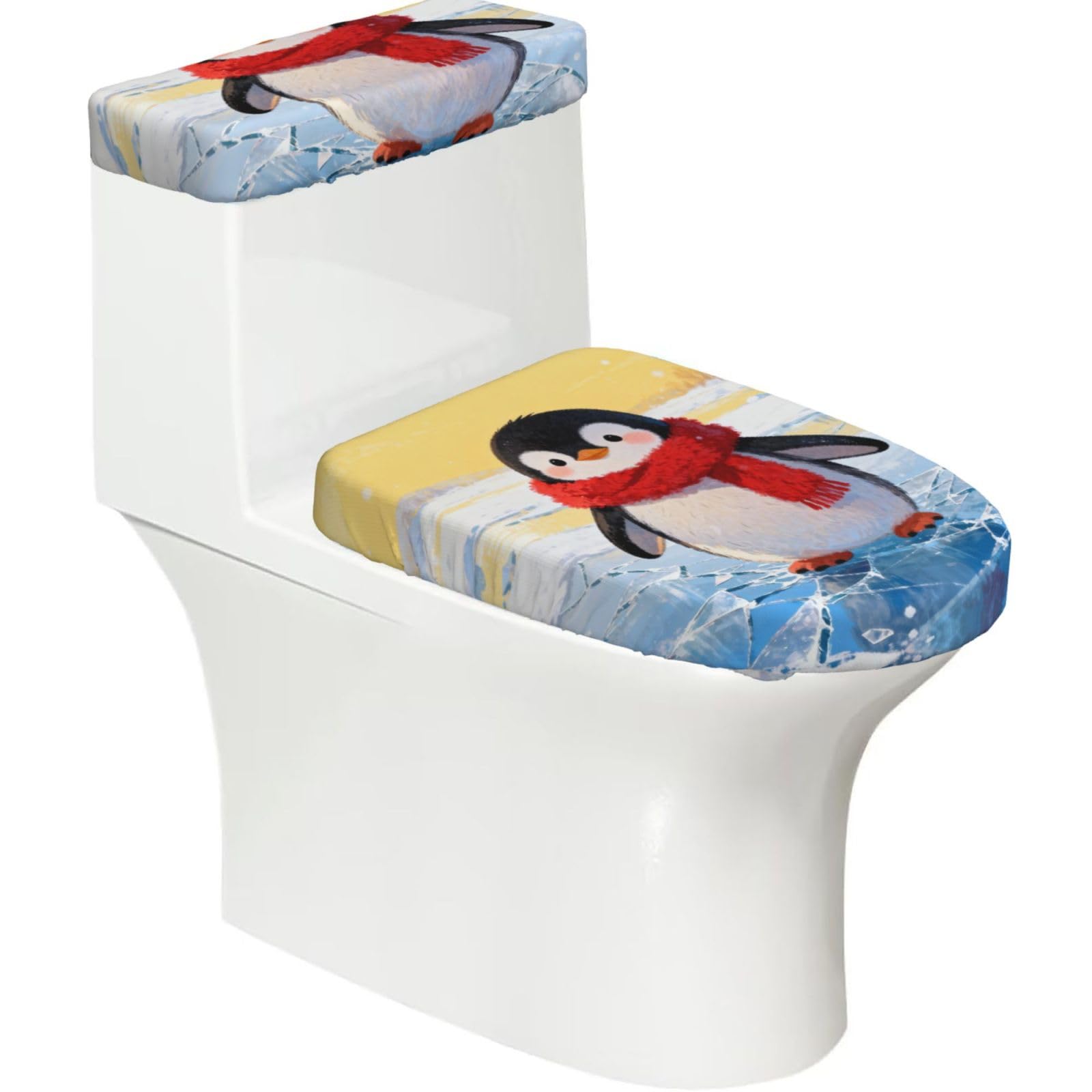 Penguin Scarf Elastic Toilet Cover Set of 2-Stretchy Lid and Tank Covers for Bathroom, Soft Washable U Shape Toilet Decor
