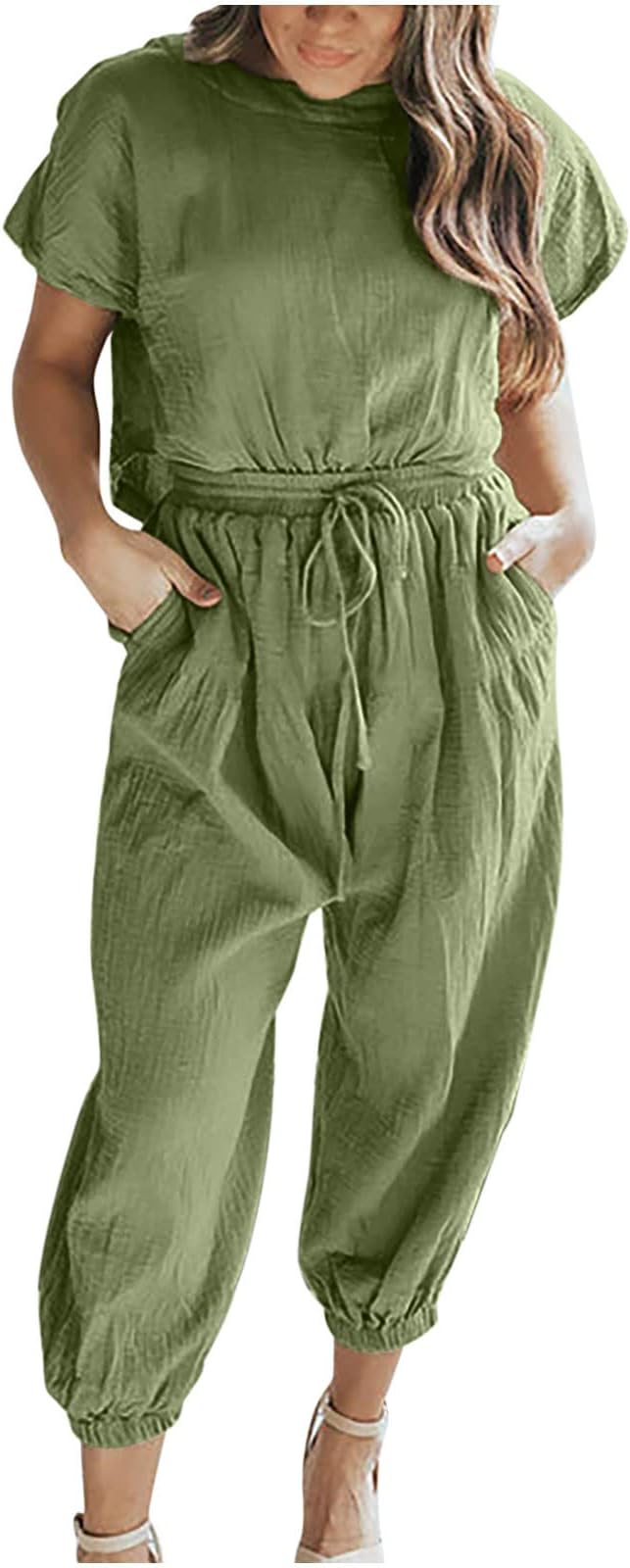Linen Sets for Women 2 Piece Beach Vacation Solid Cotton Linen Tracksuits Summer Casual Short Sleeve Basic Top Drawstring