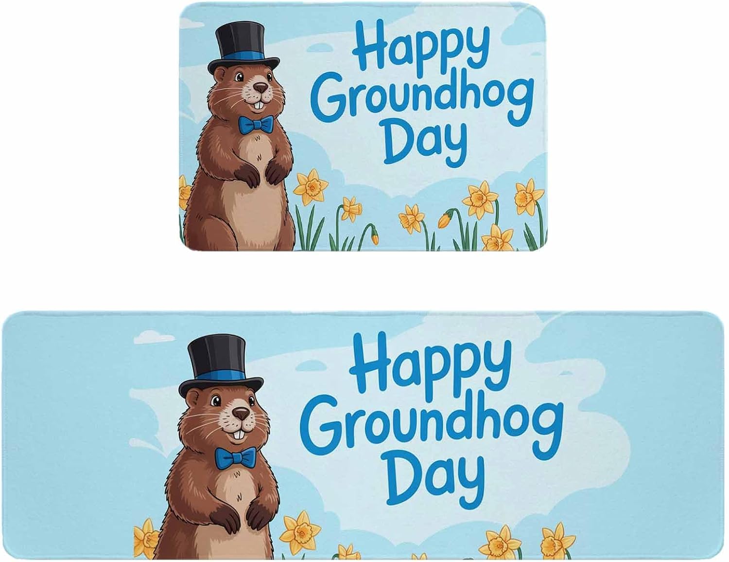 Happy Groundhog Day Kitchen Rugs and Mats Set of 2, Non-Slip Kitchen Sink Mat, Cartoon Cute Ground Hog Flowers Sky Blue Washable Doormat Bathroom Rugs Runner for Bedroom 23.6"x35.4"+23.6"x70.9"