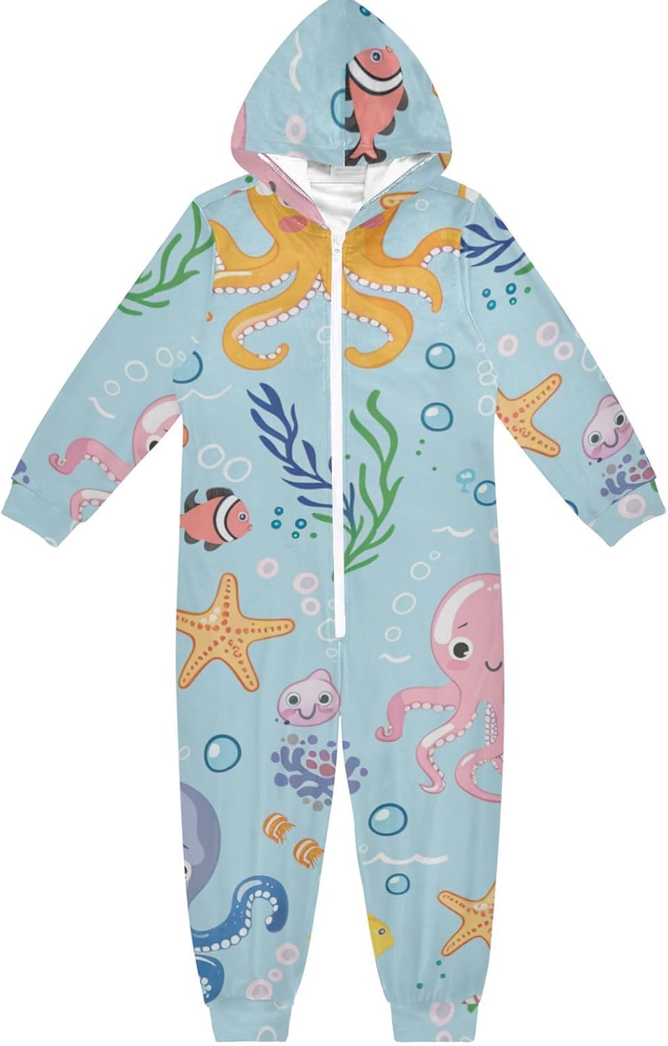 Cute Cartoon Sea CreaturesUnisex OnesieZip Up Hooded Boys Blanket Sleeper Pjsfor Parties Sleepovers
