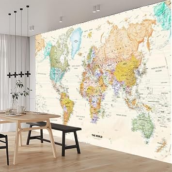World Map Peel and Stick Wallpaper, Retro Style Wall Murals Peel and Stick Wall Stickers, for TV Sofa Background Living Room Bedroom Home Decor,99" W x66 H