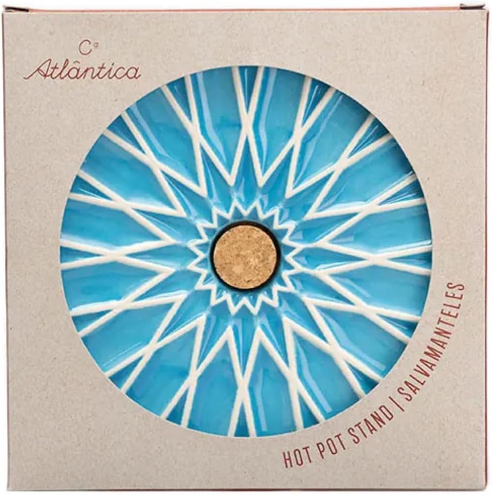 Portuguese Ceramic Trivet with Cork Base, 6x6 Inch, Inspired by Moorish Tiles, Handcrafted in Portugal, Dark Blue, Light Blue, Green, Red Merlot (Light Blue)