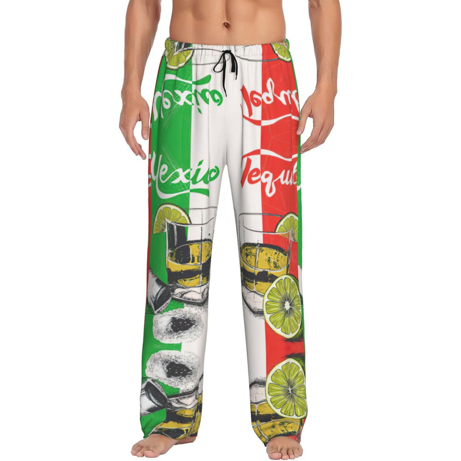 Edwal Men's Black Mexico Flag And Tequila Print Pajama Pants Big And Tall Pajama Bottoms Lounge Sleep Pants With Pockets