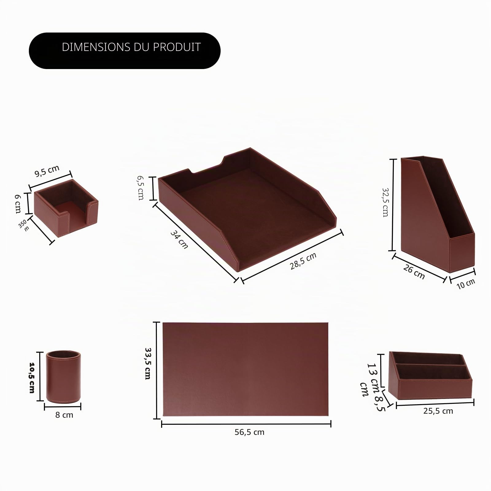 Lot de 6 organiseurs de bureau en cuir avec bloc-notes, plateau à papier, porte-revues, pot à stylos, marron
