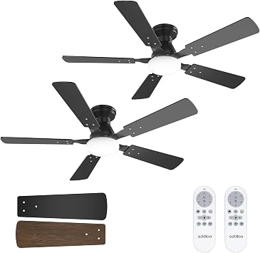 addlon 2 Pack 48 Inch Low Profile Ceiling Fans with Lights, Remote, Black | Flush Mount, Dimmable & 3CCT, Quiet 6-Speed Reversible DC Motor, Small, Dual-Sided Blades, Bedroom, Indoor/Outdoor Use