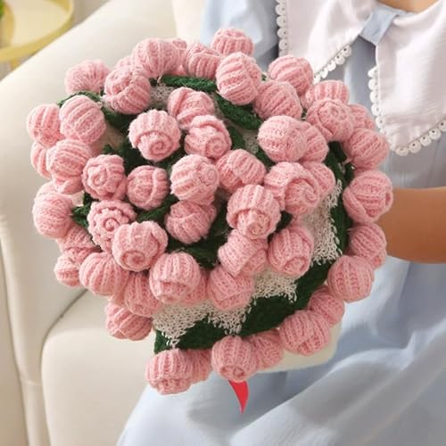JORCEDI Handmade Rose Bouquet Crochet Blanket – Finished Bellflower Throw, Soft Knitted Woven Blanket for Mother's Day, Anniversary & Birthday Gifts (Pink,80cm)