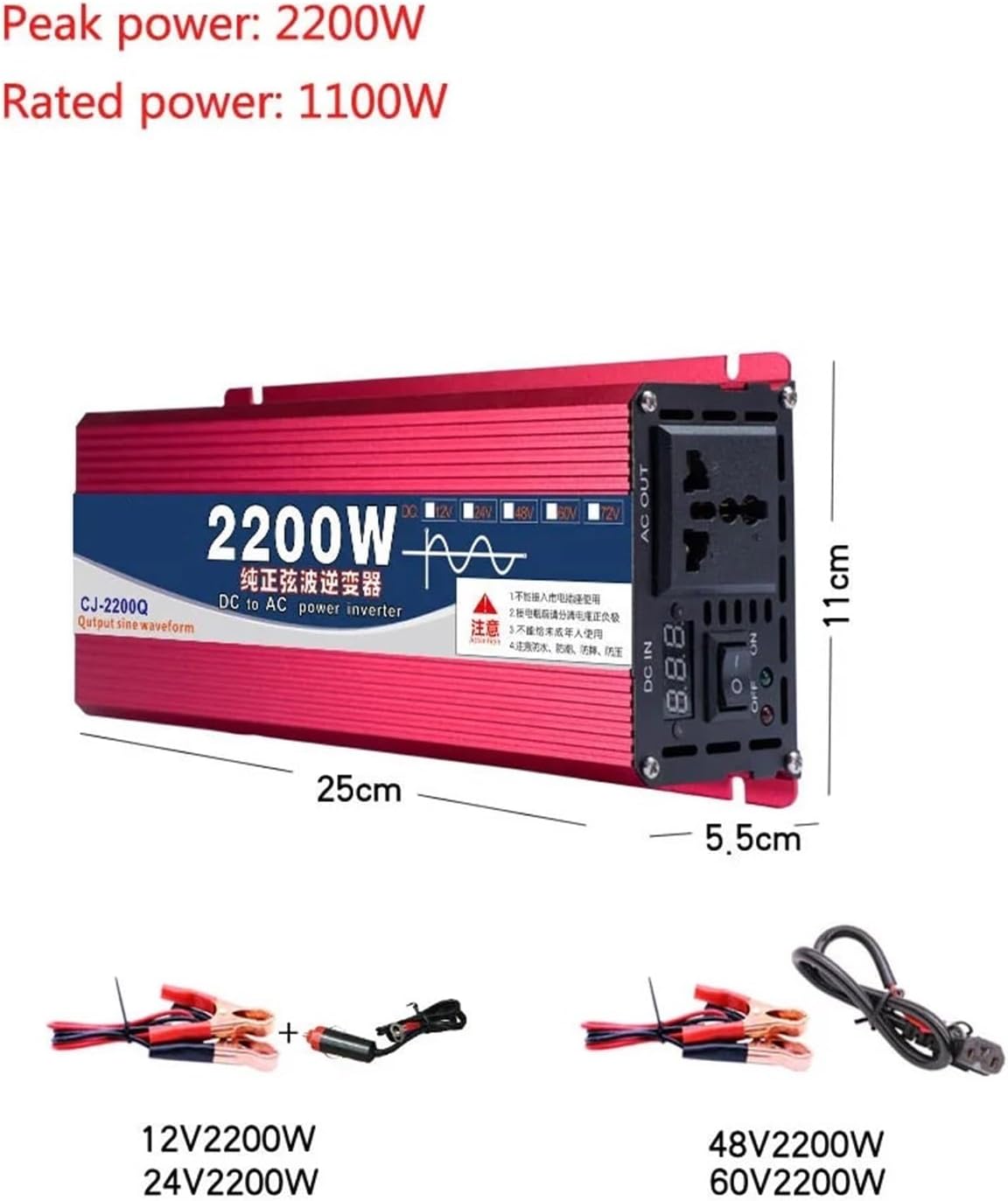 The New Pure Sine Wave 12V 24V 48V 60V 72V to 220V 1600W 2000W 3000W 4000W Inverter Solar Car Inverter with LED Display(60V,220V 60HZ_Yellow)