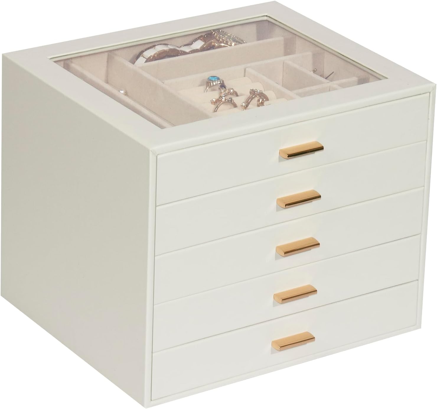 Jewelry Box with Glass Lid, 5-Layer Jewelry Organizer for Women Girls, PU Leather Display Case with 20-Grid Earring Tray & Movable Dividers for Necklaces Rings - Cloud White