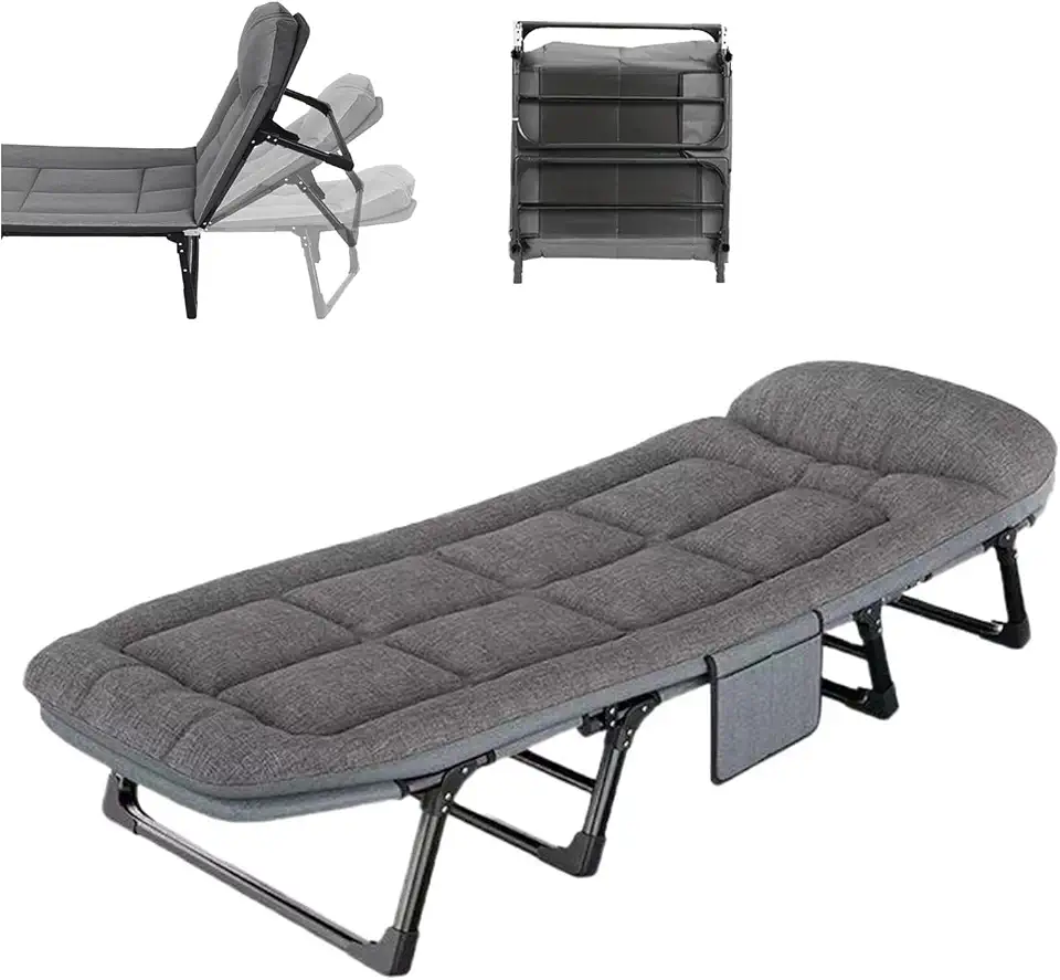 Cama Dobrável Portátil 3-em-1, Cama De Camping Com Colchão Integrado e Encosto Ajustável, Resistente 220kg para Acampamento, Praia, Pátio e Soneca no Escritório, Cinza escuro