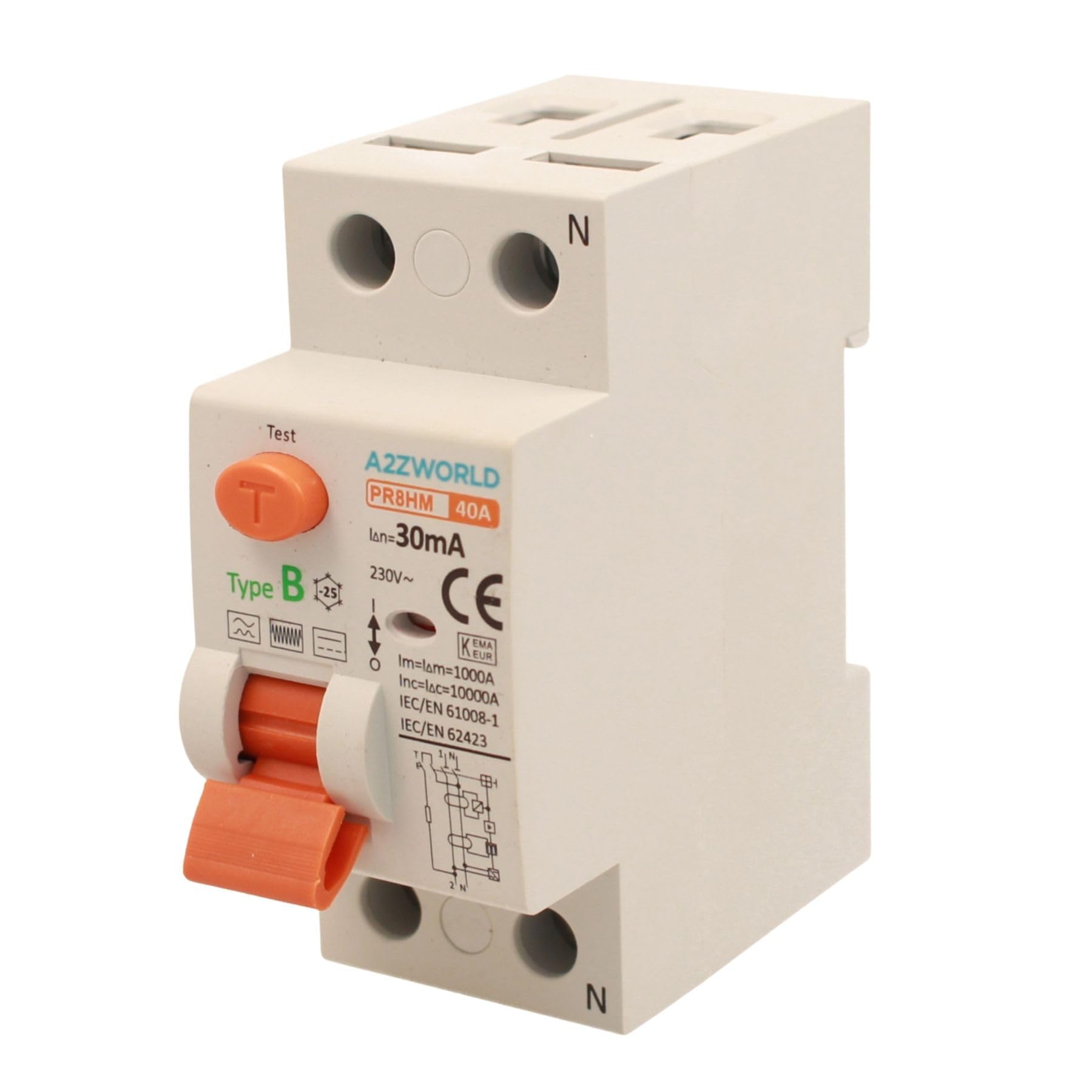 Interrupteur différentiel pur type B, disjoncteur différentiel type B 40A, RCCB 1P+N 10kA 30mA 220V, 2 modules DIN, série PR8HM électromagnétique, certifié IEC61008-1