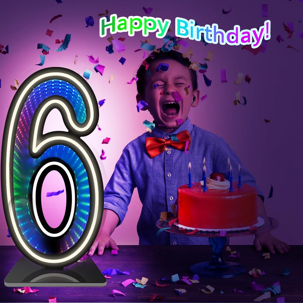 Insegna al neon 3D a LED con numero 6, 45,7 cm, dimmerabile, cambia colore, infinito a mille strati, luce a specchio alimentata tramite USB, per feste di compleanno (numero 6)