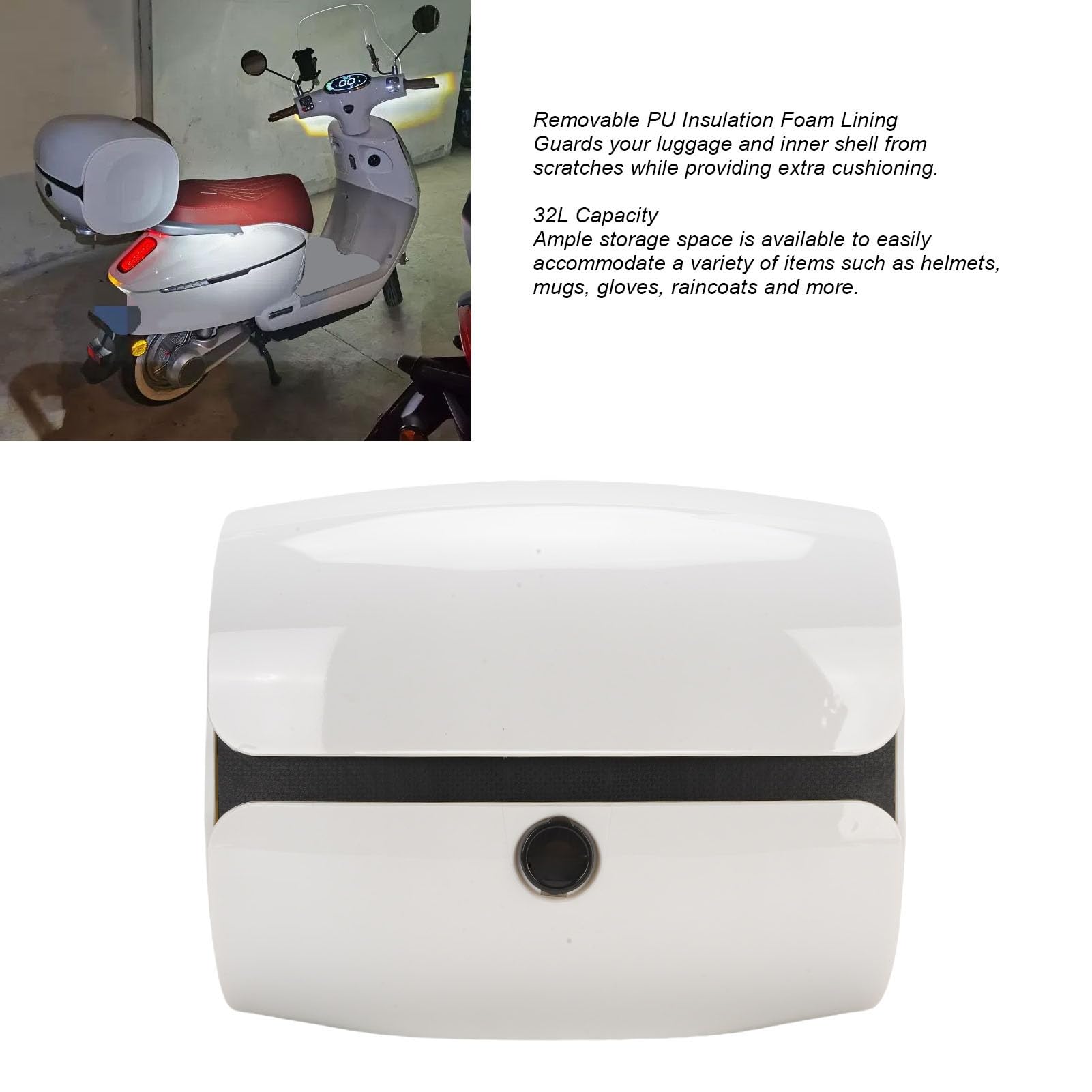 Baúl Trasero para Motocicleta, Maletero Trasero Ligero ABS a Prueba de Lluvia con Cerradura de 32L para Viajes en Motocicleta y Ciclismo (Blanco Brillante)