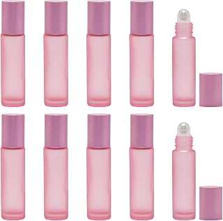 10 Pack 10ml(1/3 oz) Glass Roller Bottles Pink Frosted Glass Refillable Roller Bottles Vials with Steel Rollerball and Aluminum Cap for Essential Oils Perfume DIY Craft
