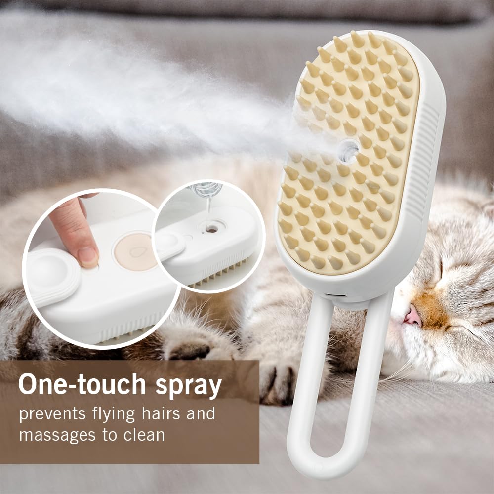 KALIMO Cepillo de nebulización para mascotas para gatos y perros, peine de pulverización 3 en 1 con vapor, masaje y eliminación de vello, cepillo recargable de aseo de mascotas para cabello enredado y