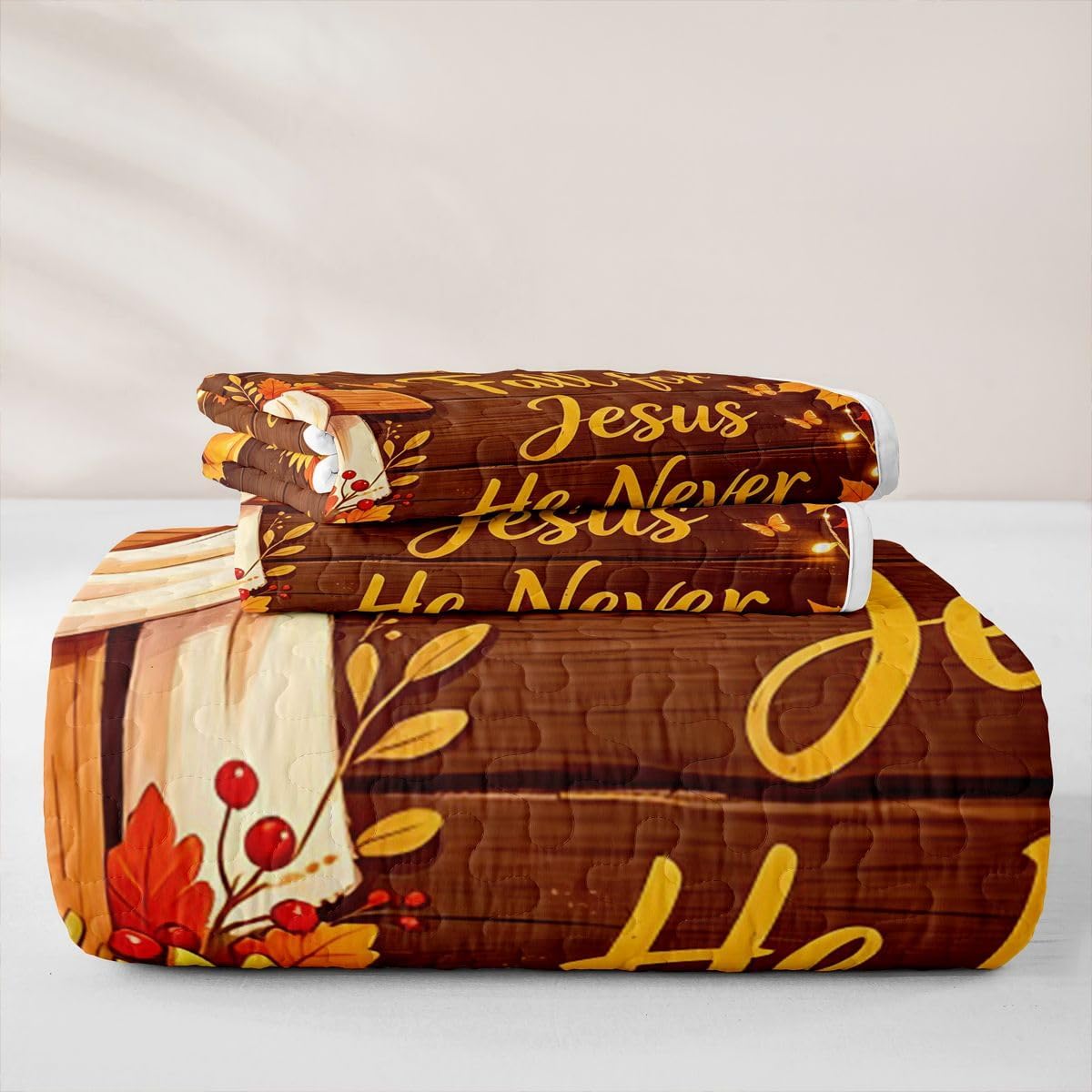Fall Pumpkin Quilt Set Queen Size,Christian Bible Quotes Bedding Set 3Pcs for Girls Boys Youth Room Decor,Sunflower Maple Leaves Quilted Bedspread Vintage Country Wooden Coverlet,2 Pillow Shams