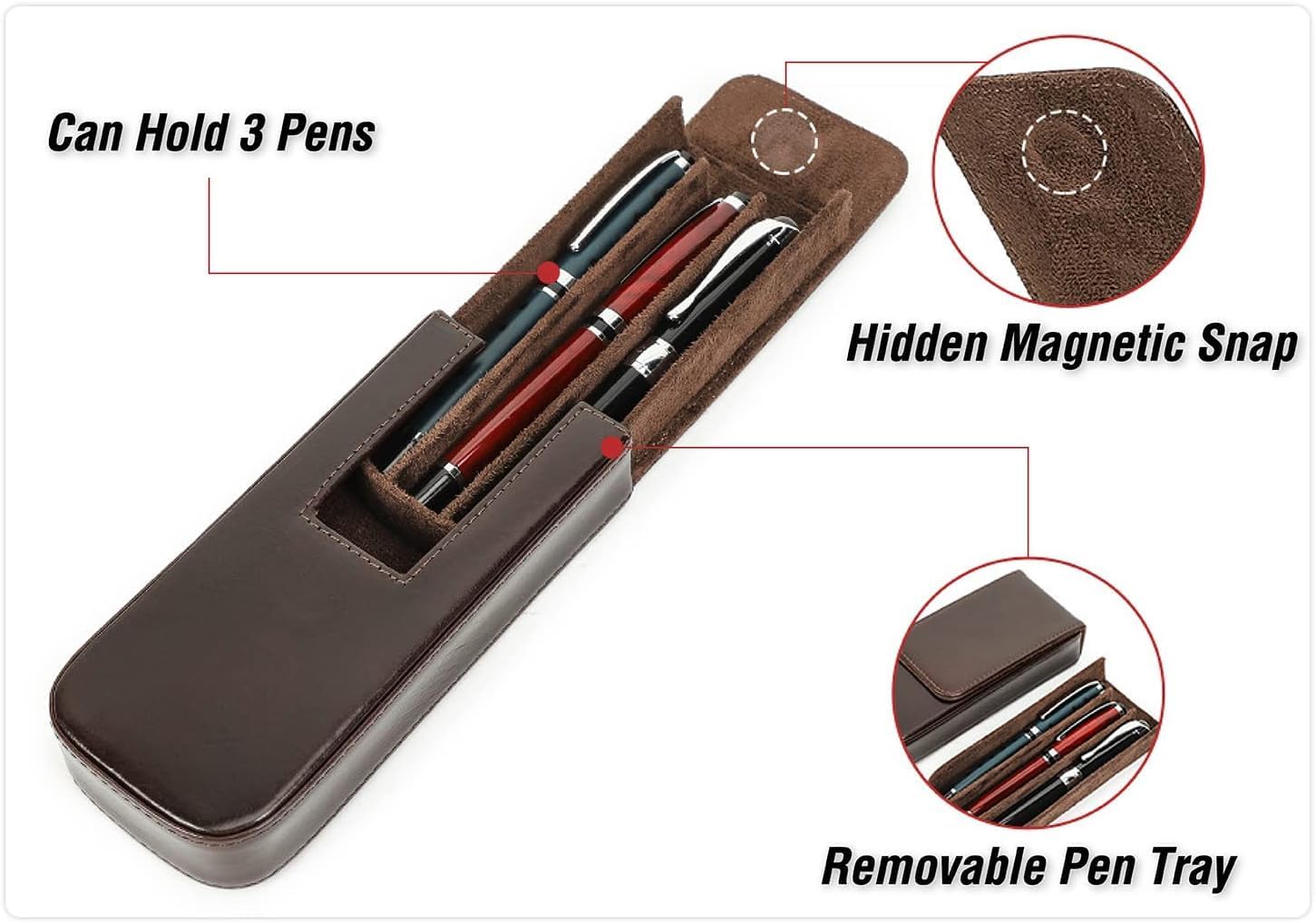 Leather Fountain Pen Case Collector Organizer,Pencil Case Handmade Pen Protective Sleeve (Magnetic 3 slots)