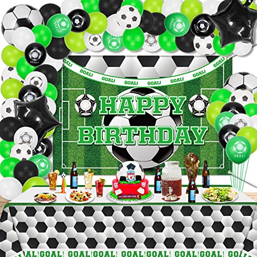 PIXHOTUL Acessórios para festas de futebol, fundo e balões, jogo de grinaldas – fundo de futebol e toalhas de mesa, 80 balões de látex para balões, arco para decorações de festa de aniversário