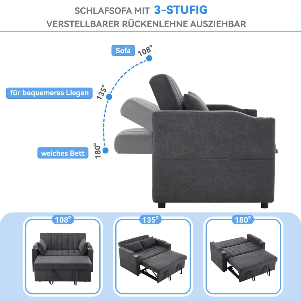 I0I&I0I Multifunktions Schlafsofa klappbar mit dreistufiger Rückenlehne Kissen Getränkehalter und Stauraum ideal für Wohnzimmer Schlafzimmer Heimkino Wohnung (Gray +Cotton Linen + 2 Seat)