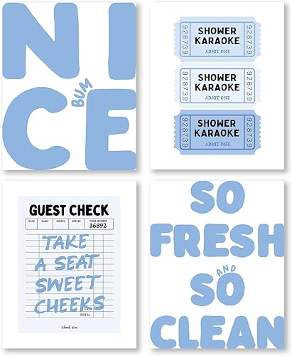 Pleonox Juego de 4 impresiones artísticas retro divertidas para pared de baño, 8 x 10 pulgadas, color azul claro, diseño de cuadros de invitado,