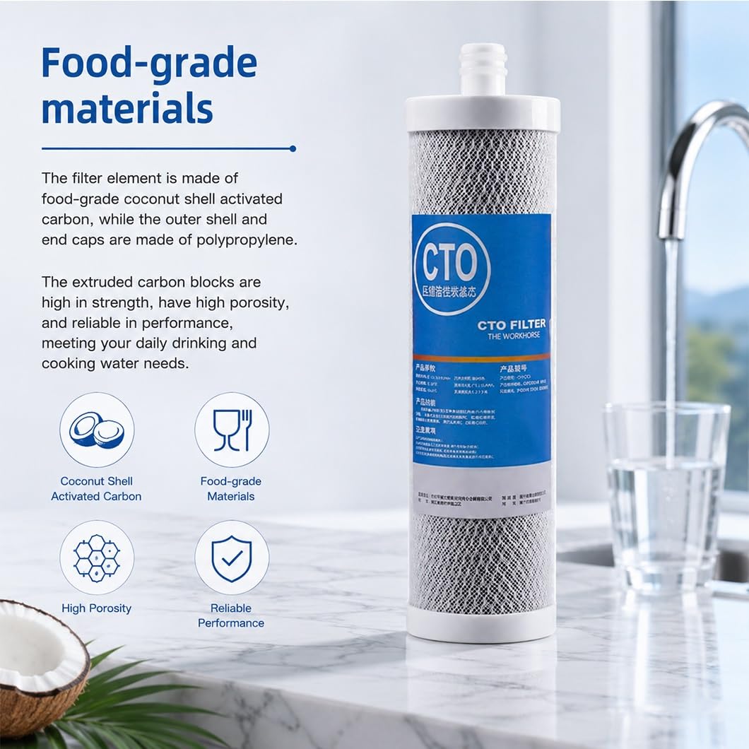 Paquete 4 cartuchos filtrantes CTO de carbón activado de cáscara de coco 10x2,6in con conexión enchufable, aptos para prefiltración bajo fregadero y por ósmosis inversa