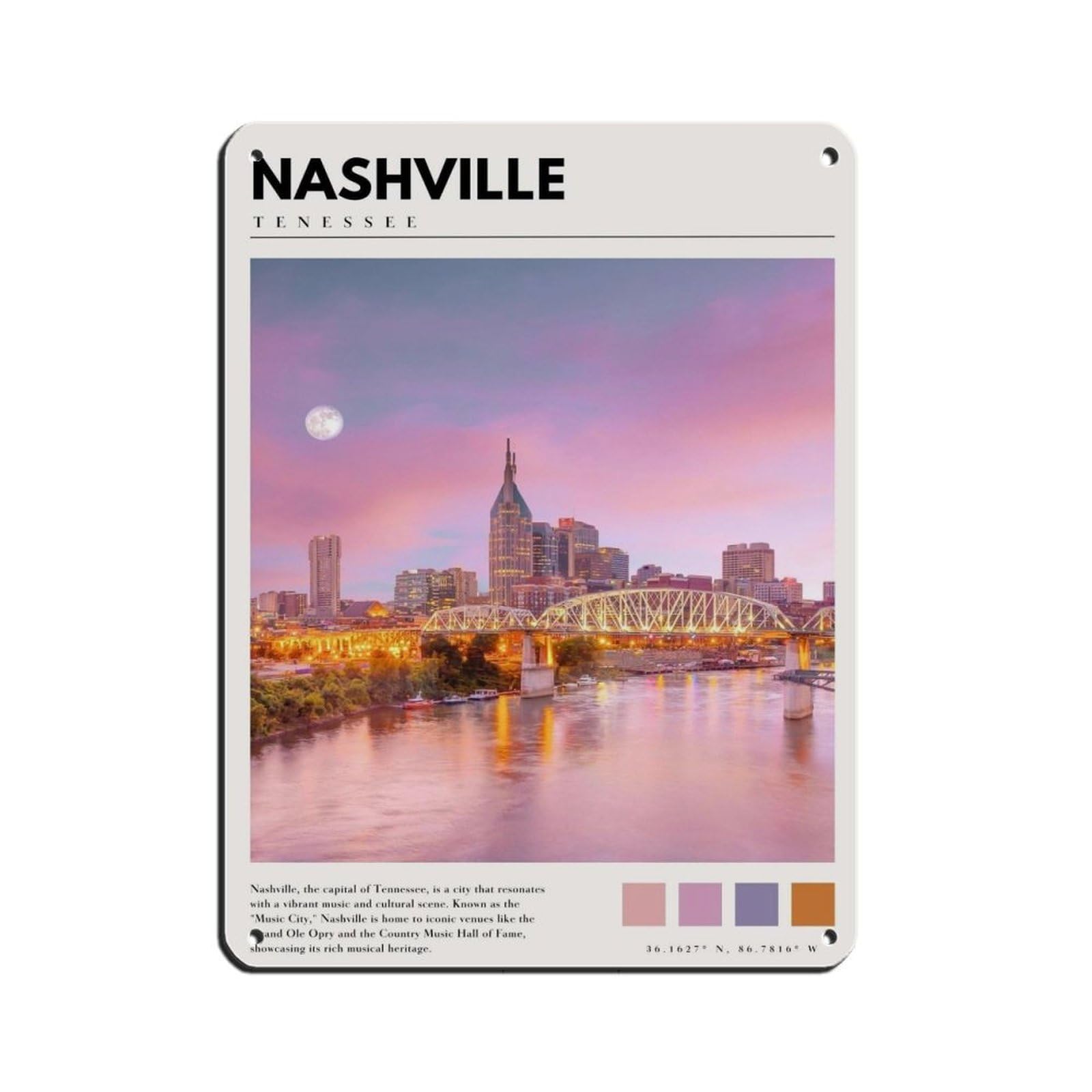 Nashville Tennessee City Poster Nashville Photo Retro Poster Metal Tin Sign Chic Art Retro Iron Painting Bar People Cave Cafe Family Garage Poster Wall Decoration 12x16inch(30x40cm)